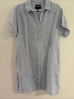 Tahari Blue and White Striped Linen Shirt Dress size Large